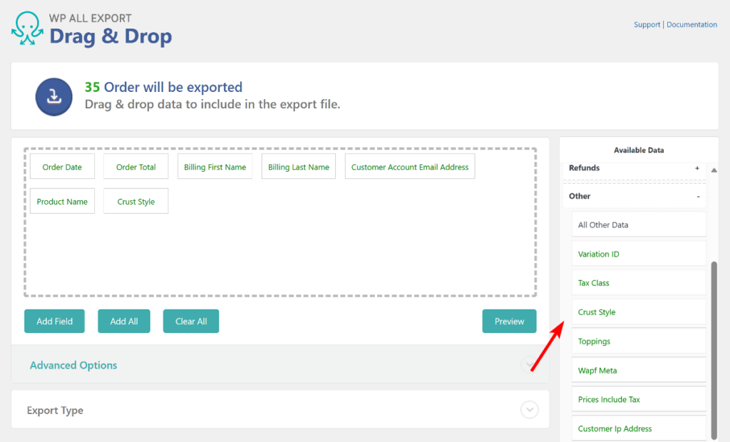 Add custom fields to your export