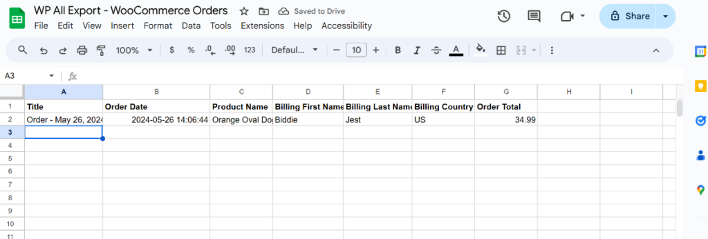 New order exported to Google Sheets in real time