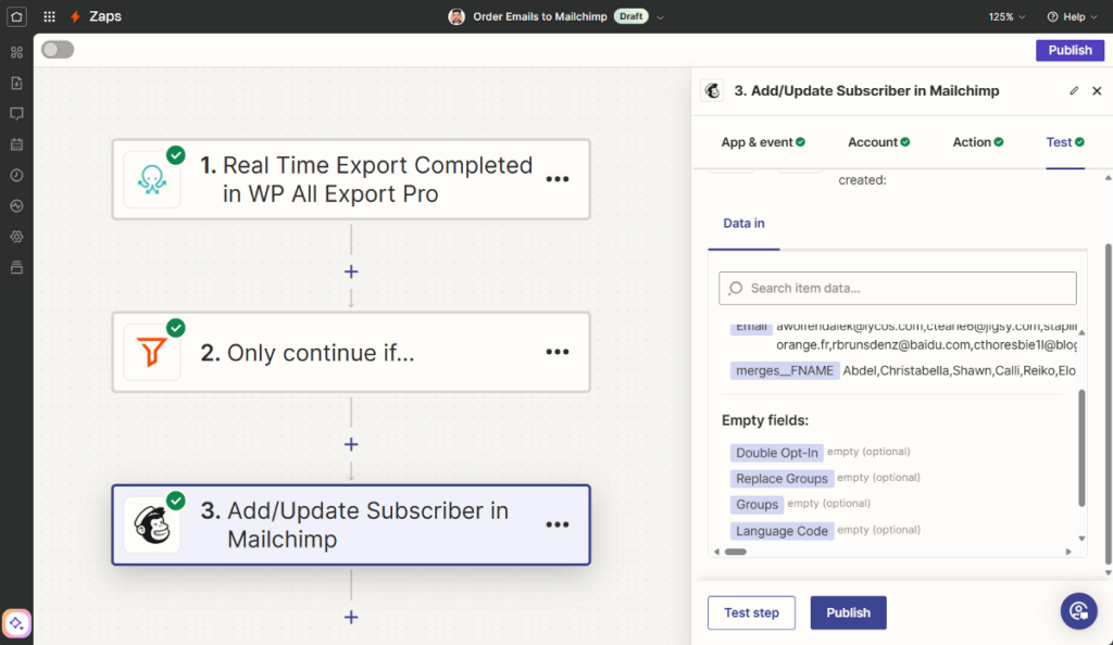 Publish your Zap top export order emails