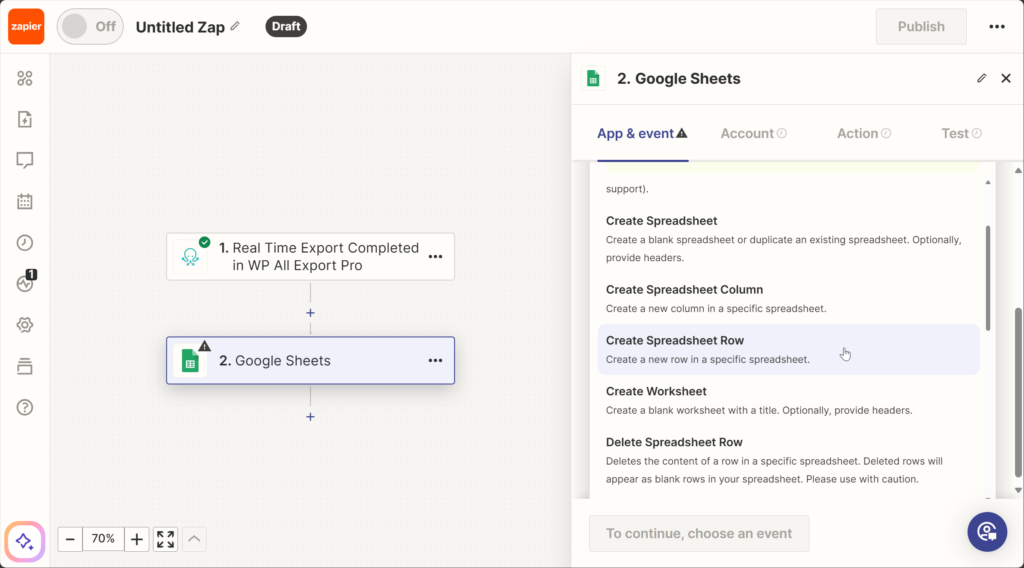 Select create spreadsheet row as event