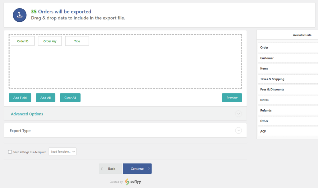 WP All Export drag and drop interface for adding order fields