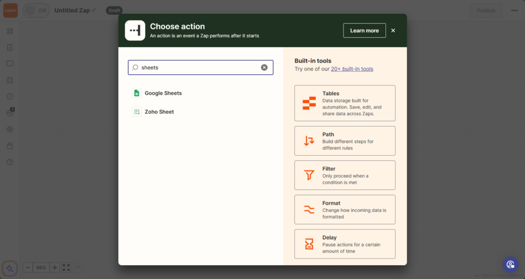 search for Google sheets in the Action search box